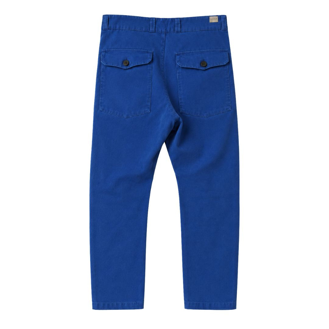 Blue pants with two front pockets on a white background