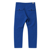 Blue pants with two front pockets on a white background